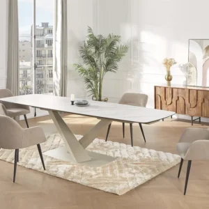 Verlengbare eettafel van keramiek en metaal - Wit en beige marmereffect - MALATA Maison Céphy