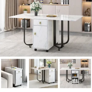 Opvouwbare eettafel voor 4 tot 8 couverts op wielen - 2 deuren + 2 laden - MDF en metaal - Zwart + wit Merax