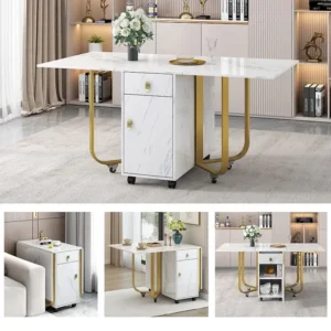 Opvouwbare eettafel voor 4 tot 8 couverts op wielen - 2 deuren + 2 laden - MDF en metaal - Goud + wit Merax