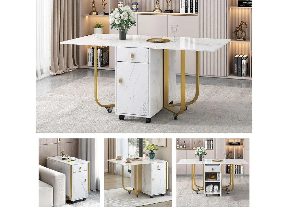 Opvouwbare eettafel voor 4 tot 8 couverts op wielen - 2 deuren + 2 laden - MDF en metaal - Goud + wit Merax