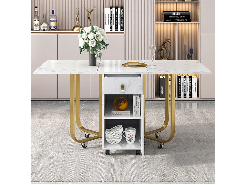 Opvouwbare eettafel voor 4 tot 8 couverts op wielen - 2 deuren + 2 laden - MDF en metaal - Goud + wit Merax