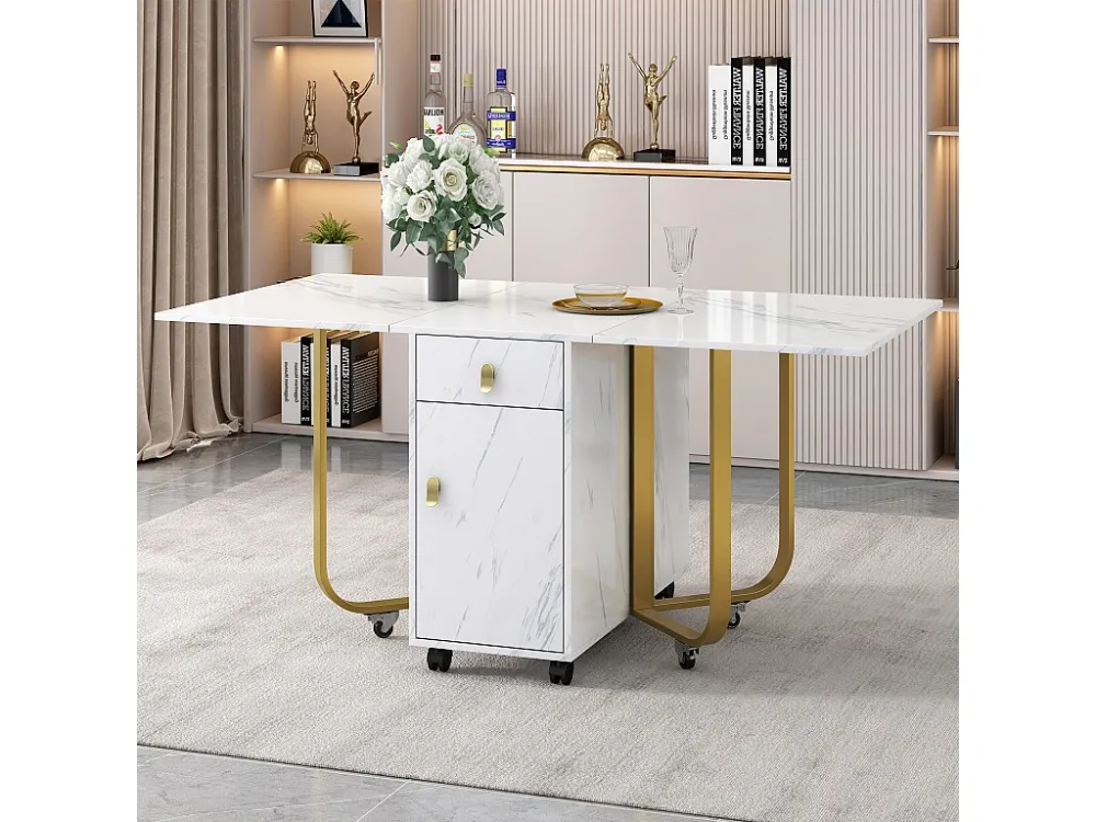 Opvouwbare eettafel voor 4 tot 8 couverts op wielen - 2 deuren + 2 laden - MDF en metaal - Goud + wit Merax