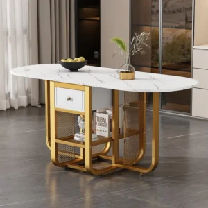 Ovale uitschuifbare eettafel voor 4 tot 6 couverts met 2 laden - L160xB70xH75cm - Spaanplaat - Marmerpatroon - Wit + goud...