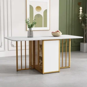 Rechthoekige eettafel voor 4 tot 6 couverts met 2 planken - spaanplaat - gouden metalen poten - wit Merax