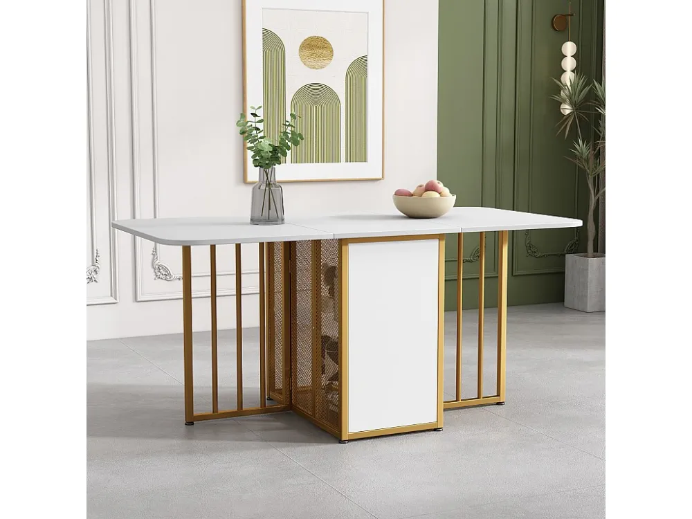 Rechthoekige eettafel voor 4 tot 6 couverts met 2 planken - spaanplaat - gouden metalen poten - wit Merax