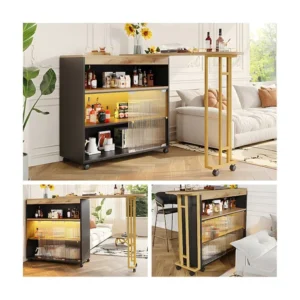 Uitschuifbare barkast - 2 glazen schuifdeuren en 3 planken - Bovenblad met MDF-houteffect - LED's - Naturel en zwart...