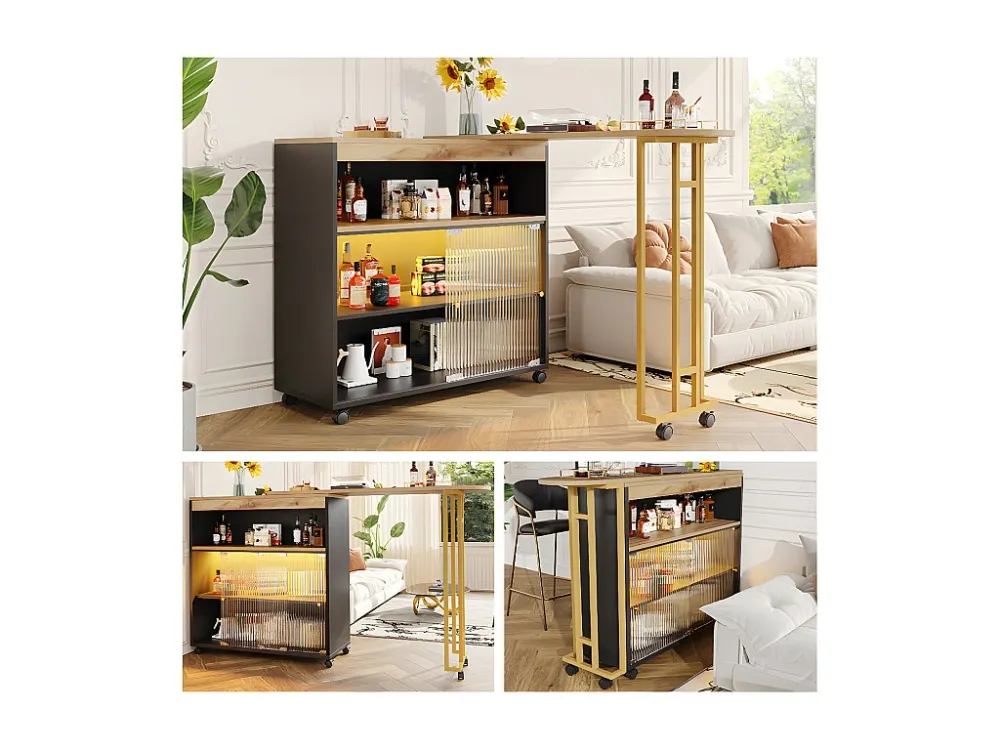 Uitschuifbare barkast - 2 glazen schuifdeuren en 3 planken - Bovenblad met MDF-houteffect - LED's - Naturel en zwart...