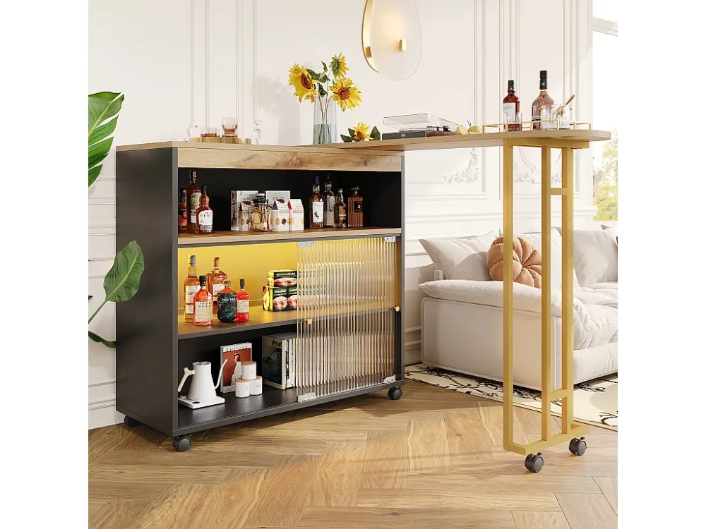 Uitschuifbare barkast - 2 glazen schuifdeuren en 3 planken - Bovenblad met MDF-houteffect - LED's - Naturel en zwart...