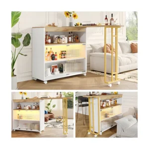 Uitschuifbare barkast - 2 glazen schuifdeuren en 3 planken - Bovenblad met MDF-houteffect - LED's - Naturel en wit Merax