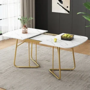 Uitschuifbare eettafel voor 4 tot 6 couverts - L 140/180 x B 80 x H 75 cm - MDF hout en metaal - Marmerpatroon - Wit Merax
