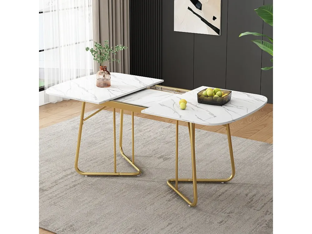 Uitschuifbare eettafel voor 4 tot 6 couverts - L 140/180 x B 80 x H 75 cm - MDF hout en metaal - Marmerpatroon - Wit Merax