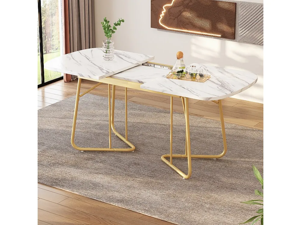 Uitschuifbare eettafel voor 4 tot 6 couverts - L 140/180 x B 80 x H 75 cm - MDF hout en metaal - Marmerpatroon - Wit Merax