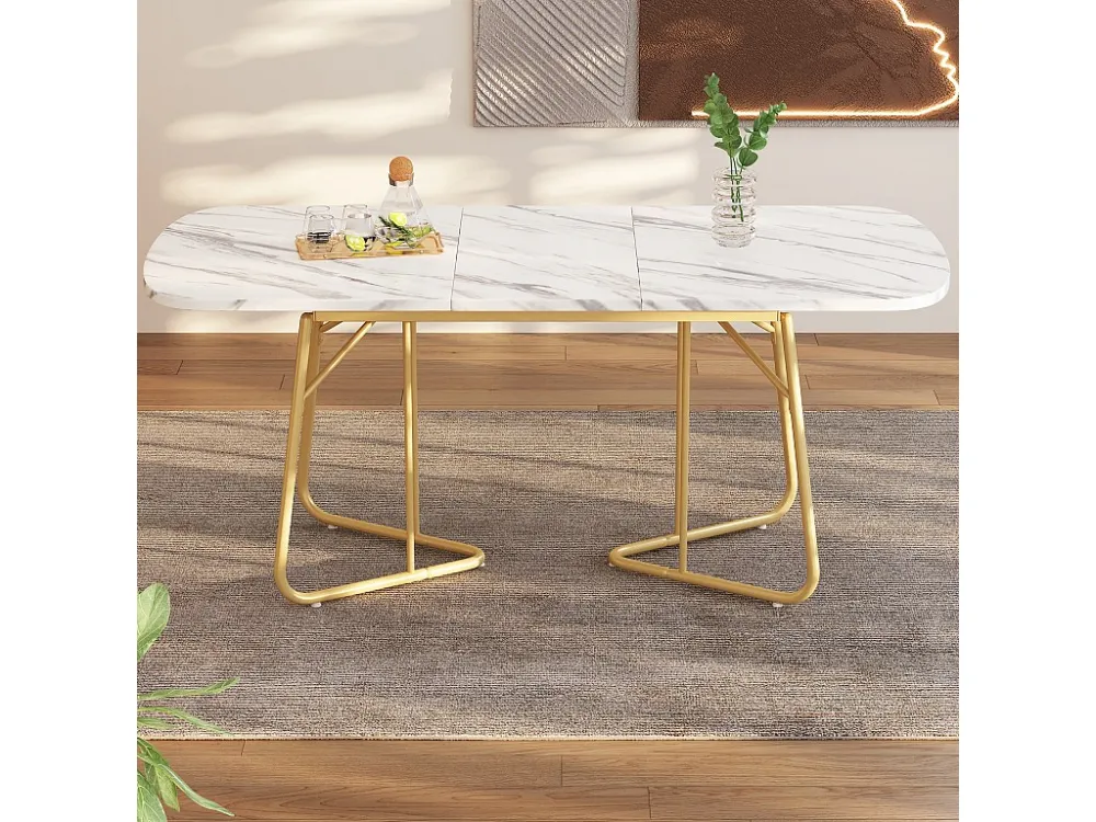 Uitschuifbare eettafel voor 4 tot 6 couverts - L 140/180 x B 80 x H 75 cm - MDF hout en metaal - Marmerpatroon - Wit Merax