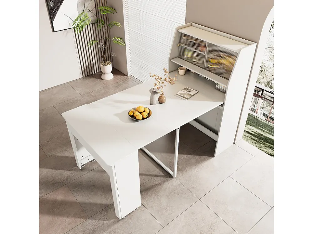 Uitschuifbare eettafel voor 4 tot 6 couverts met kast - L52/132,5xB80xH76cm - Spaanplaat - Wit Merax