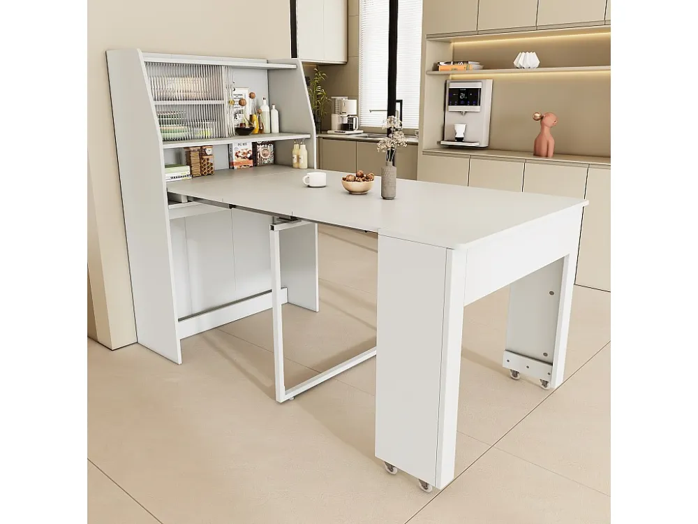 Uitschuifbare eettafel voor 4 tot 6 couverts met kast - L52/132,5xB80xH76cm - Spaanplaat - Wit Merax
