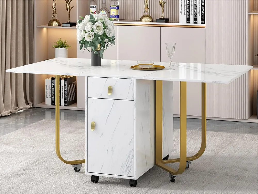 Opklapbare eettafel op wielen - met opbergruimte - Wit & Goud ModernLuxe