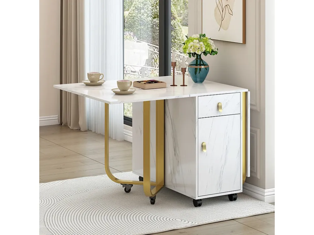 Opklapbare eettafel op wielen - met opbergruimte - Wit & Goud ModernLuxe