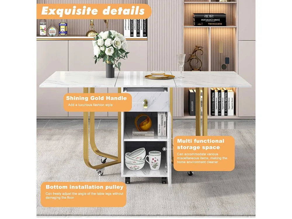Opklapbare eettafel op wielen - met opbergruimte - Wit & Goud ModernLuxe