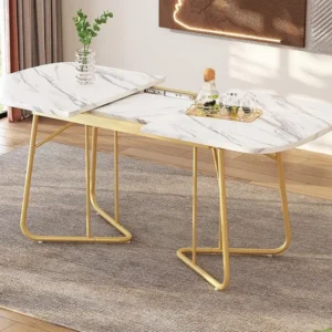 Uitschuifbare eettafel voor 4 tot 6 personen MDF en metaal - blad met marmereffect - Wit en Goud ModernLuxe