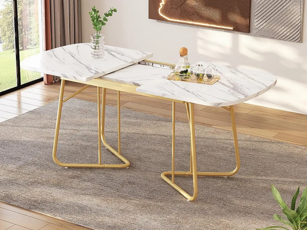 Uitschuifbare eettafel voor 4 tot 6 personen MDF en metaal - blad met marmereffect - Wit en Goud ModernLuxe