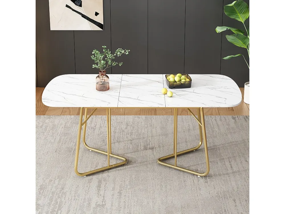 Uitschuifbare eettafel voor 4 tot 6 personen MDF en metaal - blad met marmereffect - Wit en Goud ModernLuxe