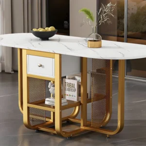 Veelzijdige intrekbare opklapbare eettafel - met 2 laden en opbergplank - spaanplaat - wit en goud ModernLuxe