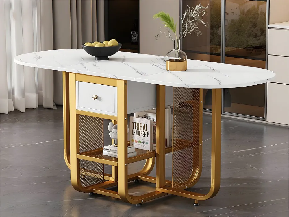 Veelzijdige intrekbare opklapbare eettafel - met 2 laden en opbergplank - spaanplaat - wit en goud ModernLuxe
