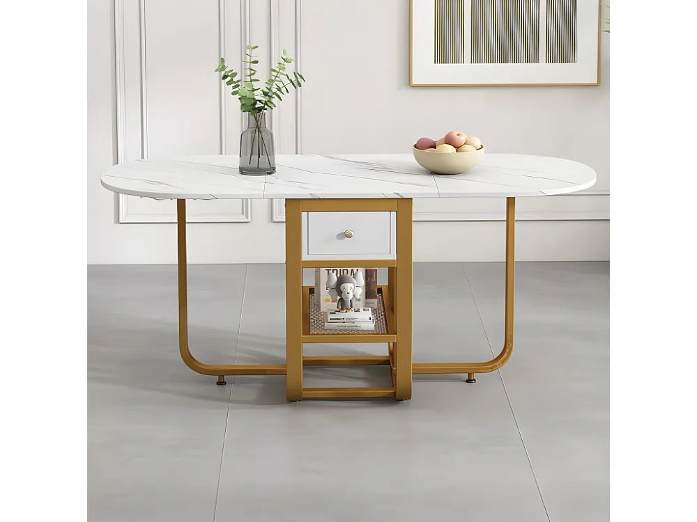 Veelzijdige intrekbare opklapbare eettafel - met 2 laden en opbergplank - spaanplaat - wit en goud ModernLuxe