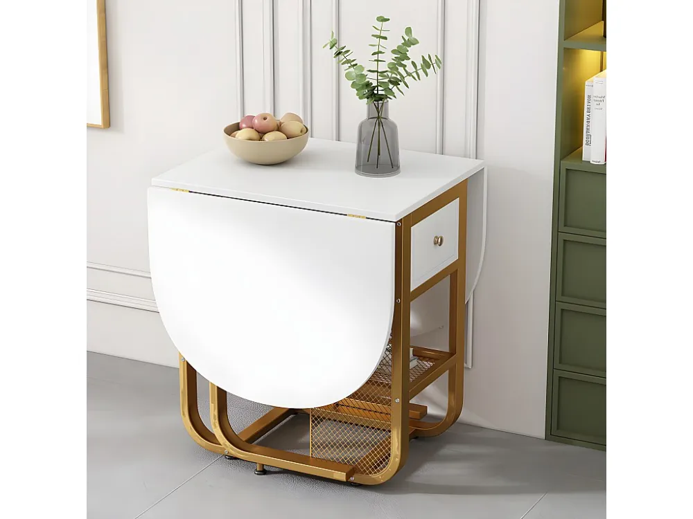Veelzijdige intrekbare opklapbare eettafel - met 2 laden en opbergplank - spaanplaat - wit en goud ModernLuxe