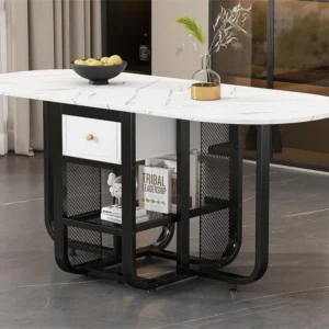 Veelzijdige intrekbare opklapbare eettafel - met 2 laden en opbergplank - spaanplaat - wit en zwart ModernLuxe