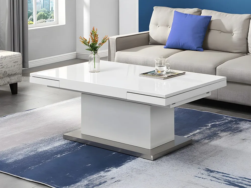 Salontafel 2 1: eettafel en salontafel. 4 tot 6 plaatsen. Gelakt mdf. Wit. LAURIA