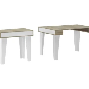 eettafel Console KL, 52x90x79 cm uitbreidbaar tot 144,6 cm, Capaciteit tot 6 diners, Woonkamer, hal, kantoor, Wit en eiken...