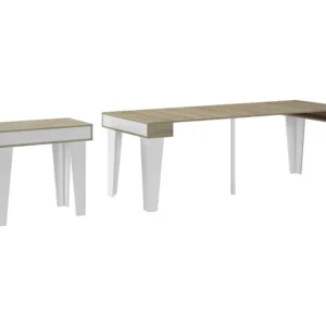 eettafel Console KL, 52x90x79cm verlengbaar tot 237,6 cm, Capaciteit tot 10 diners, Woonkamer, hal, kantoor, Wit en eiken...
