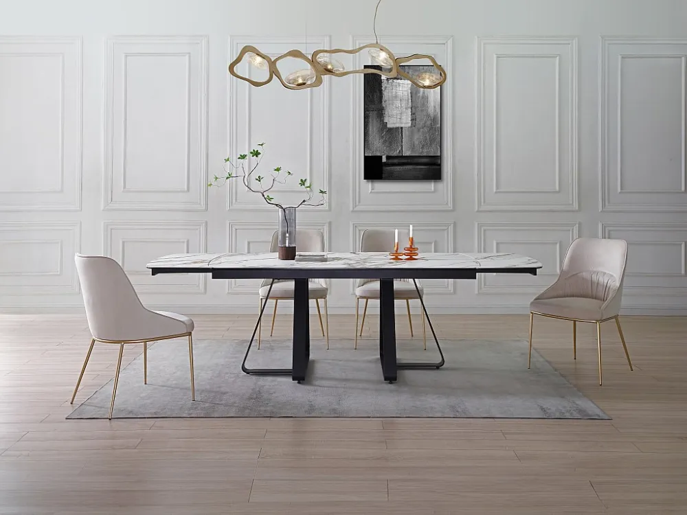Uitschuifbare eettafel gehard glas en keramiek - Witte marmerlook - MARDONA