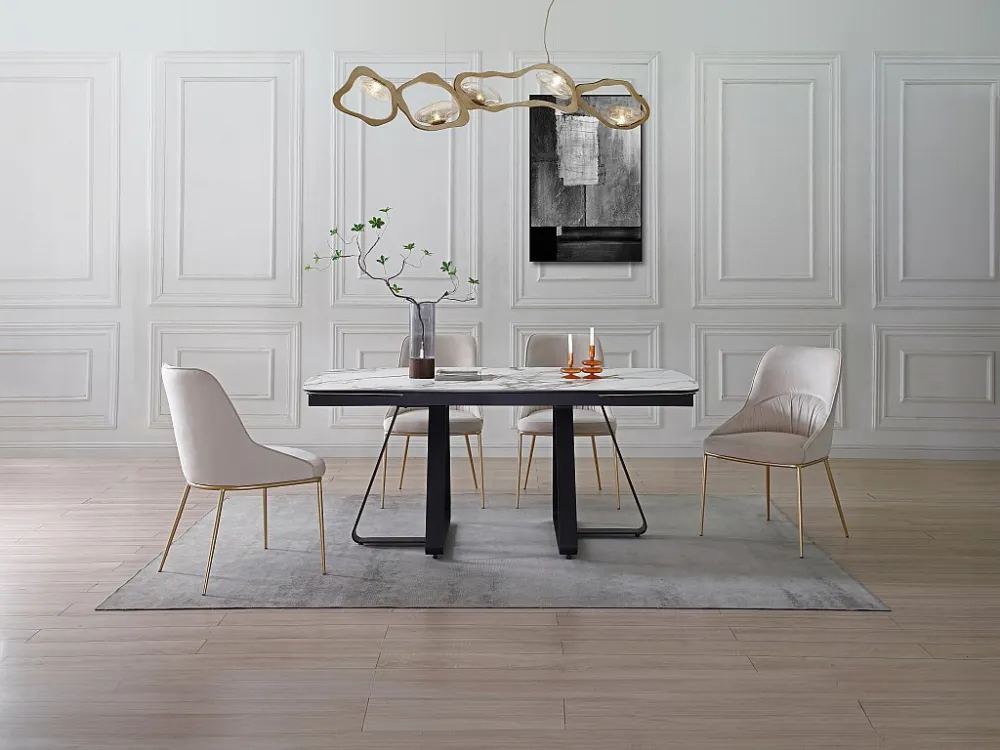 Uitschuifbare eettafel gehard glas en keramiek - Witte marmerlook - MARDONA