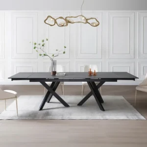Uitschuifbare eettafel gehard glas en keramiek - Zwarte marmerlook - MARISO