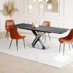 Uitschuifbare eettafel THYLIA - 6 tot 8 personen - Keramiek en metaal - Zwart marmereffect