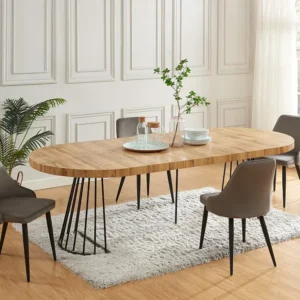 Uitschuifbare eettafel 2 tot 12 plaatsen van mdf en staal - Naturel en zwart - FIRELA