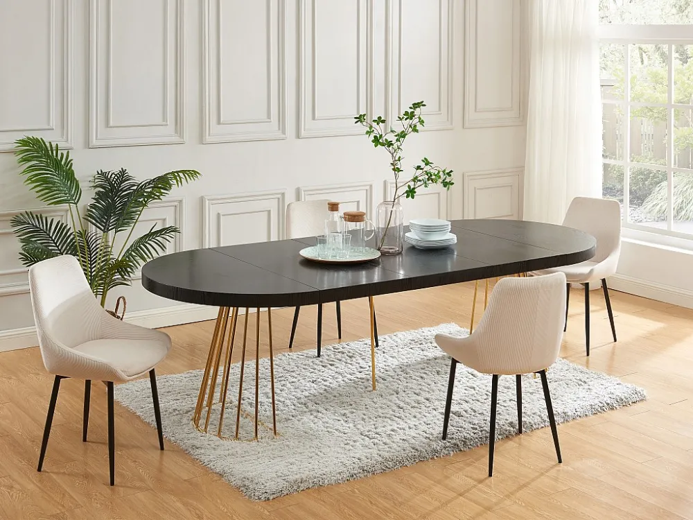 Uitschuifbare eettafel 2 tot 12 plaatsen van mdf en staal - Zwart en goud - FIRELA