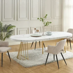 Uitschuifbare eettafel 2 tot 12 plaatsen van mdf en staal - Wit en goud - FIRELA