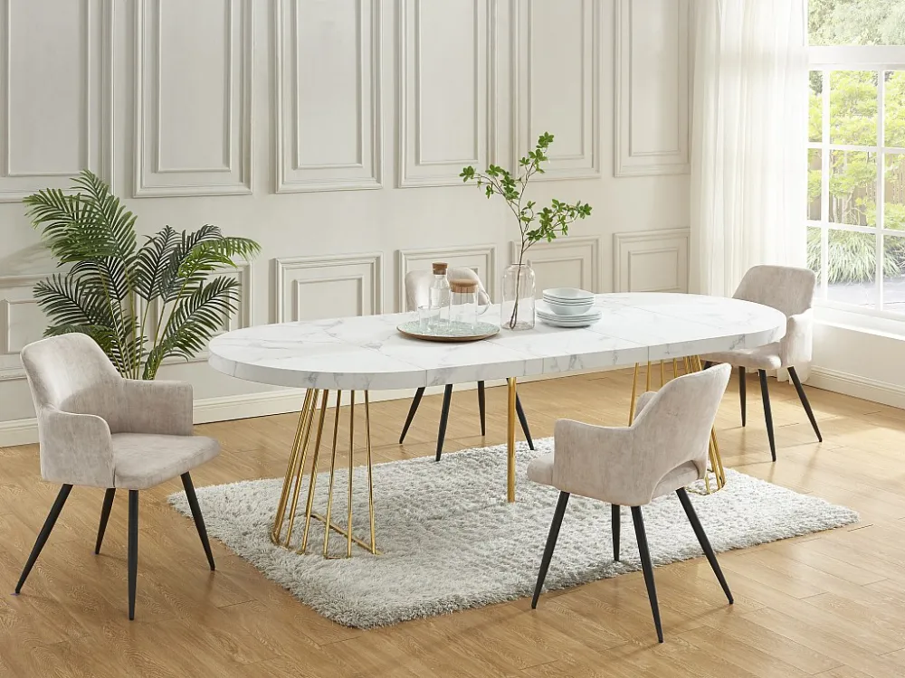 Uitschuifbare eettafel 2 tot 12 plaatsen van mdf en staal - Wit en goud - FIRELA