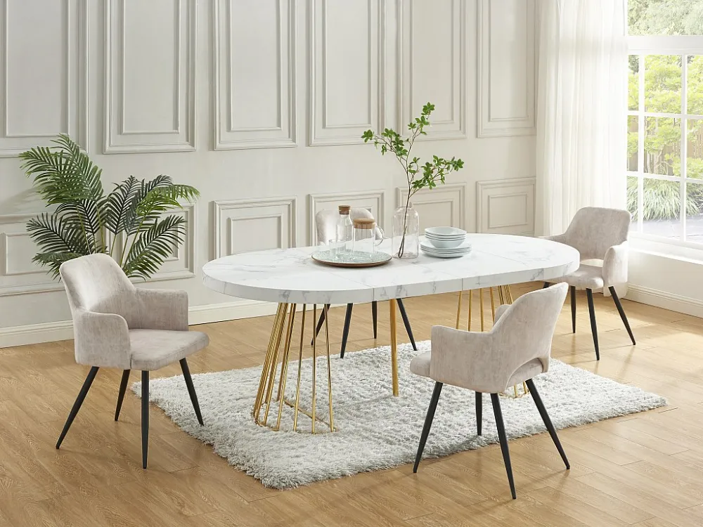 Uitschuifbare eettafel 2 tot 12 plaatsen van mdf en staal - Wit en goud - FIRELA