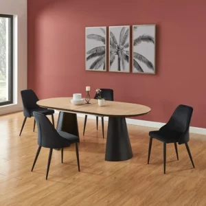 Uitschuifbare eettafel 8 tot 14 plaatsen van mdf en metaal - Licht naturel en zwart - FELANIO