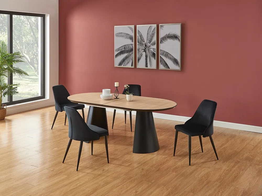 Uitschuifbare eettafel 8 tot 14 plaatsen van mdf en metaal - Licht naturel en zwart - FELANIO