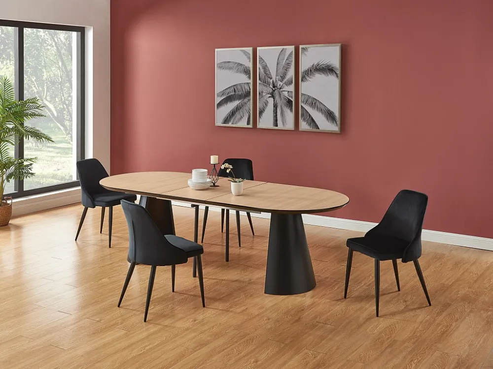 Uitschuifbare eettafel 8 tot 14 plaatsen van mdf en metaal - Licht naturel en zwart - FELANIO