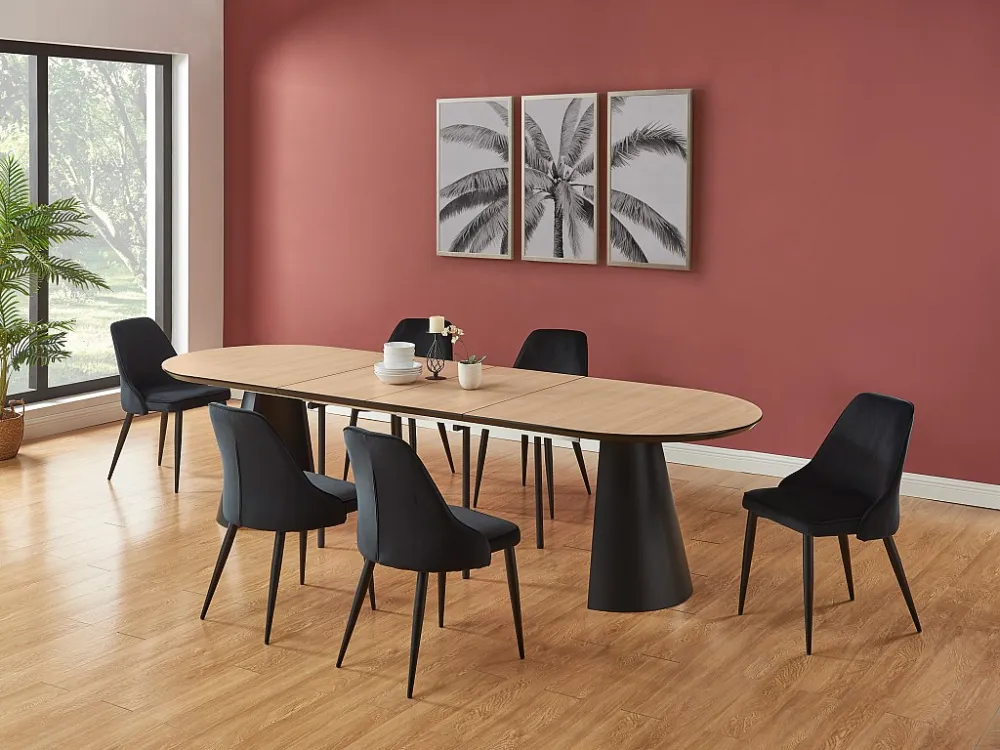 Uitschuifbare eettafel 8 tot 14 plaatsen van mdf en metaal - Licht naturel en zwart - FELANIO
