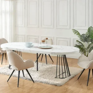 Uitschuifbare eettafel 2 tot 12 plaatsen van mdf en staal - Wit marmereffect en zwart - FIRELA