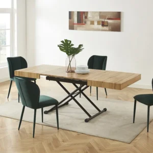 Uitschuifbare en ophefbare 2--1-tafel van mdf en staal - Naturel en zwart - MORIALA