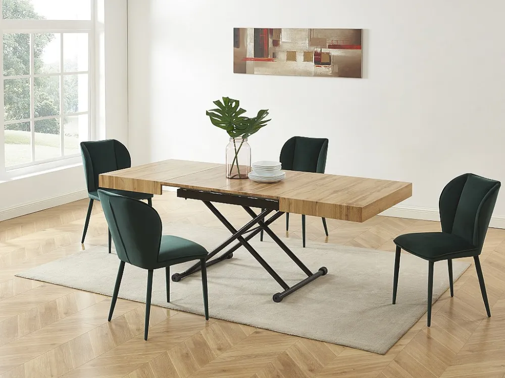Uitschuifbare en ophefbare 2--1-tafel van mdf en staal - Naturel en zwart - MORIALA