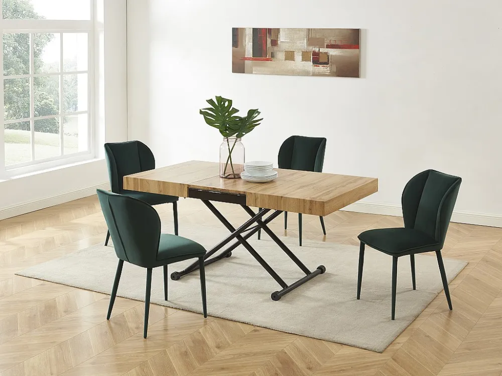 Uitschuifbare en ophefbare 2--1-tafel van mdf en staal - Naturel en zwart - MORIALA